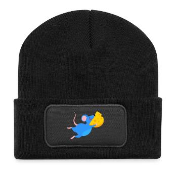 Fröhliche blaue Maus & gelber Käse - Recycelte Patch Beanie - Schwarz - Vorne