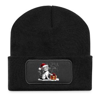 Weihnachts Katze – lustiges Wintermotiv - Recycelte Patch Beanie - Schwarz - Vorne