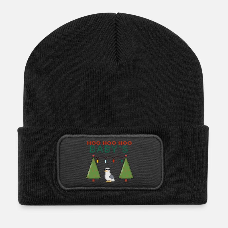 Pixel-Weihnachtsvogel mit Lichterketten - Recycelte Patch Beanie - Schwarz