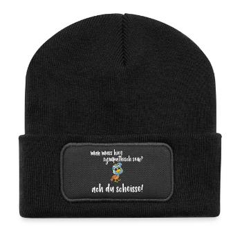 Frecher Vogel Spruch - man muss sympatisch sein? - Recycelte Patch Beanie - Schwarz - Vorne