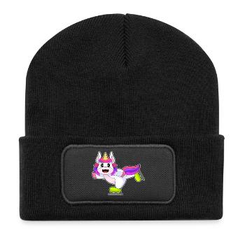 Einhorn Eislaufen Schlittschuhe Wintersport - Recycelte Patch Beanie - Schwarz - Vorne