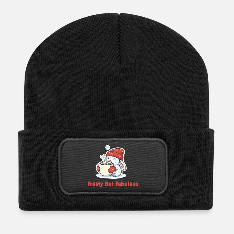 Frosty But Fabulous - Sweet Winter Bunny & Cocoa - Recycled Patch Beanie - black