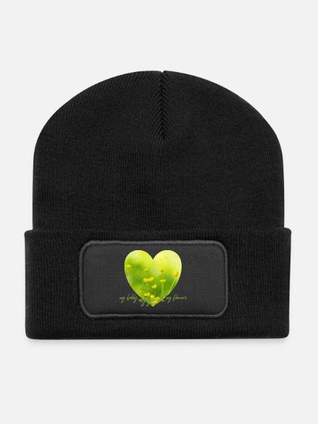 Yellow Flower Heart with Yellow Flowers Garden Look - Recycled Patch Beanie - black