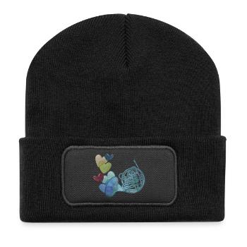 Herznote-Horn mit bunten Herzen - Recycelte Patch Beanie - Schwarz - Vorne