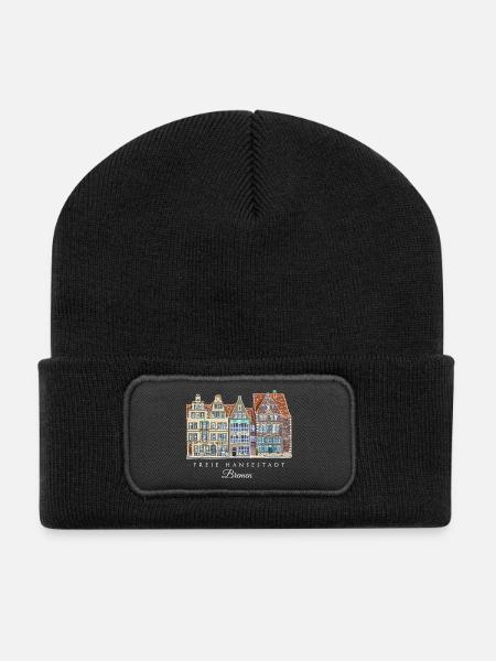 Freie Hansestadt Bremen - Häuserzeile Zeichnung - Recycelte Patch Beanie - Schwarz