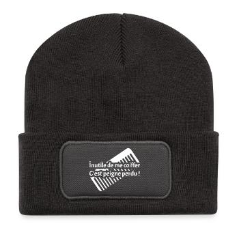INUTILE DE ME COIFFER C'EST PEIGNE PERDU ! - Beanie recyclé à patch - charbon - Devant