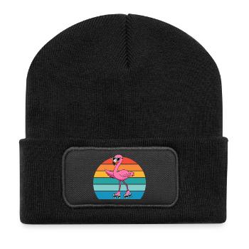 Exotischer Retro Rosa Flamingo Mit Sonnenbrille - Recycelte Patch Beanie - Schwarz - Vorne