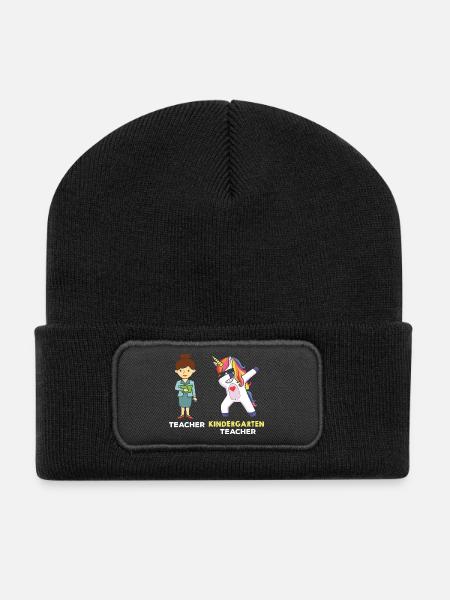 Kindergarten Teacher Dabbing Unicorn - Recycled Patch Beanie - black