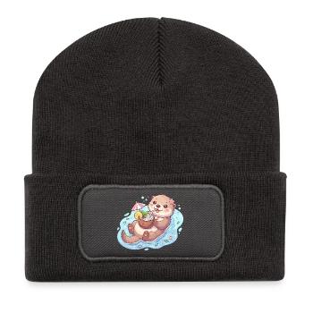 Cute Kawaii Otter Floating with Coconut Drink - Recycled Patch Beanie - dark grey - Front