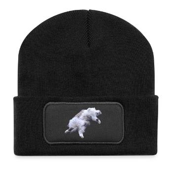 Kuschelfell Katze Liegepose - Recycelte Patch Beanie - Schwarz - Vorne