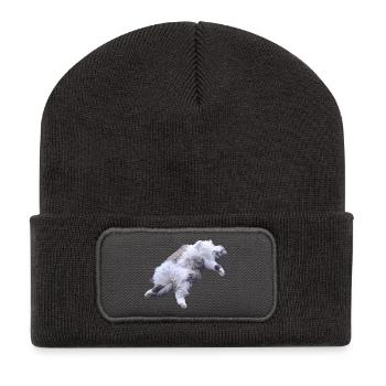 Pose du chat poilu câlin allongé - Beanie recyclé à patch - charbon - Devant