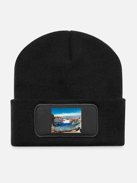 Blue boats in the harbor - Recycled Patch Beanie - black