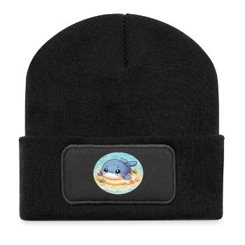Wal auf Sandbank im Meer - Recycelte Patch Beanie - Schwarz - Vorne