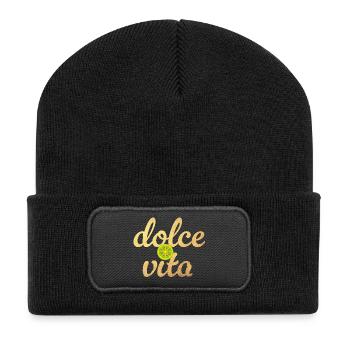 Dolce Vita Limette Gold Zitrone Italien Deko Quote - Recycelte Patch Beanie - Schwarz - Vorne