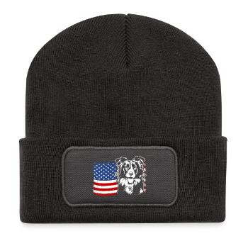 Border Collie US Amérique Drapeau Chiens Chien Wilsigns - Beanie recyclé à patch - charbon - Devant