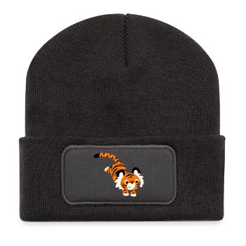 Cute Jumping Cartoon Tiger by Cheerful Madness!! - Recycled Patch Beanie - dark grey - Front