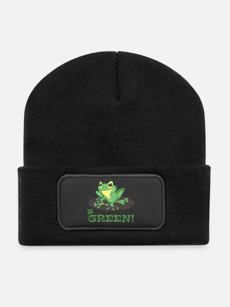Be green- Grüner Frosch -Umwelt- die Grünen- Natur - Recycelte Patch Beanie - Schwarz