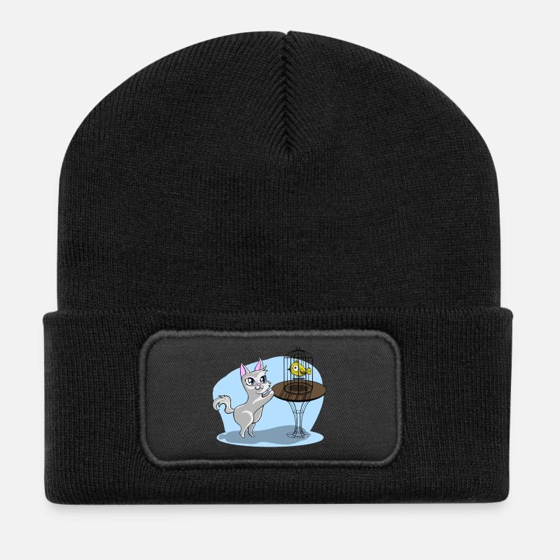 Katze mit Vogel - Recycelte Patch Beanie - Schwarz
