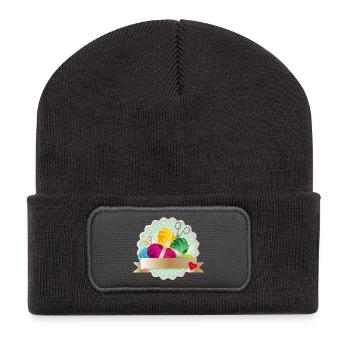 Balls of wool, button & knitting needles as a colorful patch - Recycled Patch Beanie - dark grey - Front