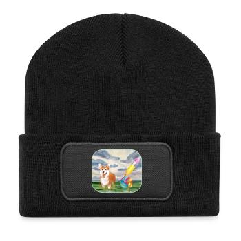 Watercolor Dog with Ball - Recycled Patch Beanie - black - Front