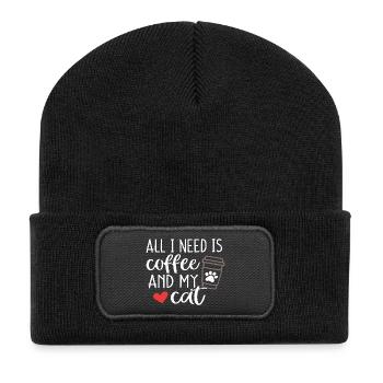 Alles, was ich brauche, ist Kaffee und meine Katze - Recycelte Patch Beanie - Schwarz - Vorne