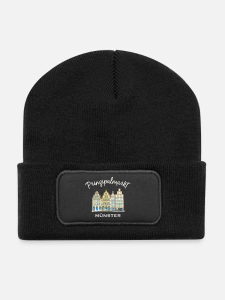 Münster Prinzipalmarkt handgezeichnete Häuserzeile - Recycelte Patch Beanie - Schwarz