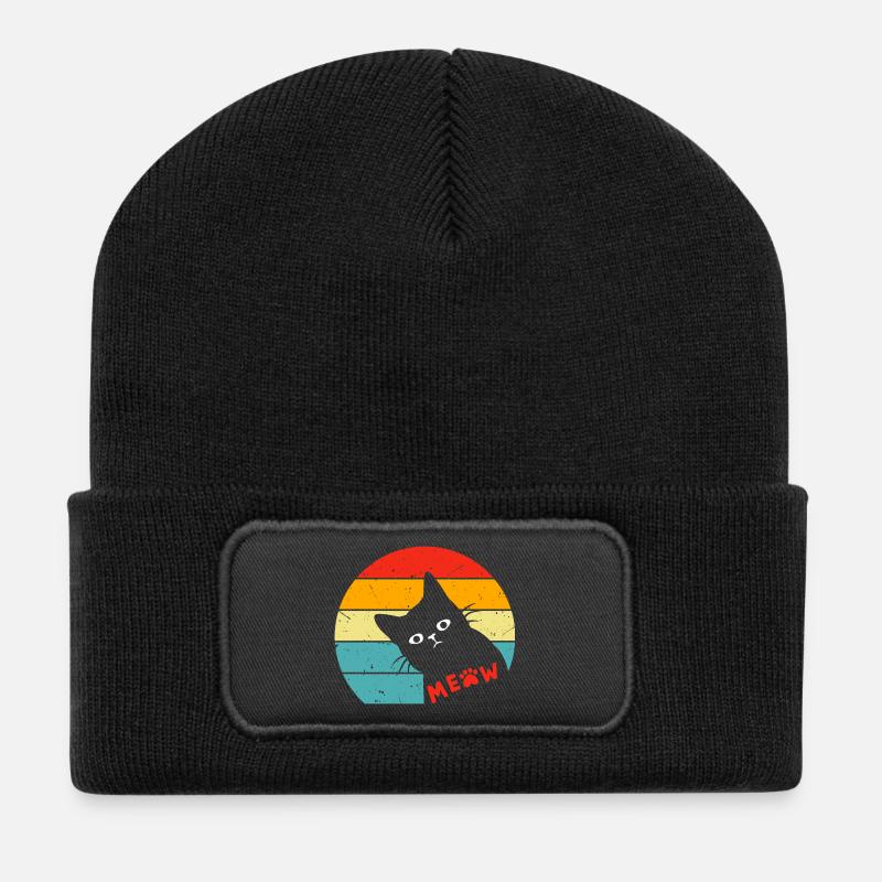 Retro Schwarze Katze 3 - Recycelte Patch Beanie - Schwarz