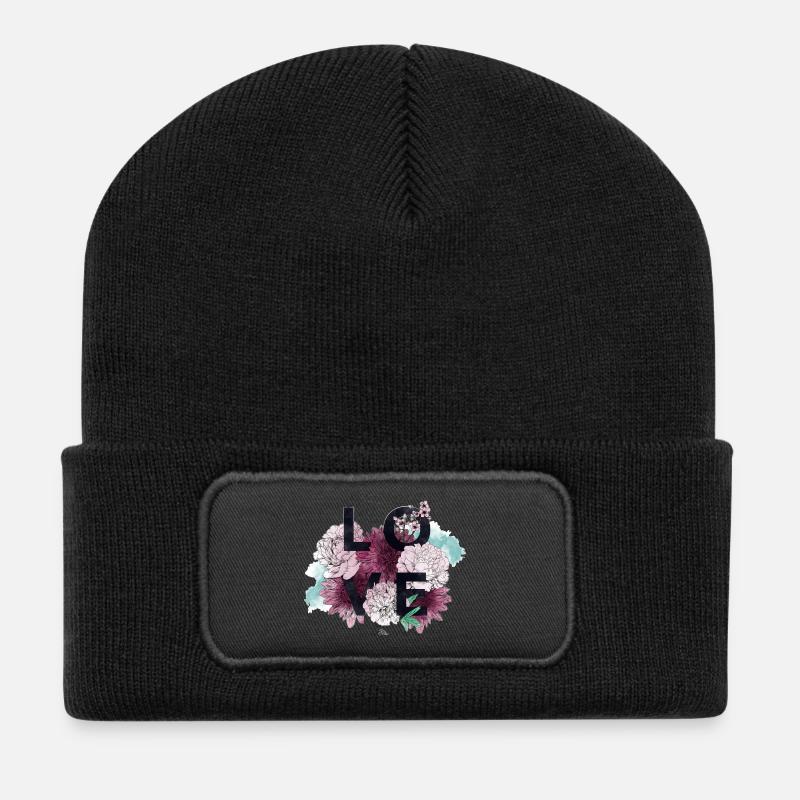 Love and Flowers in Pink - Recycelte Patch Beanie - Schwarz