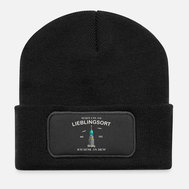 Ich denk an dich, Lieblingsort, Hamburger Michel - Recycelte Patch Beanie - Schwarz