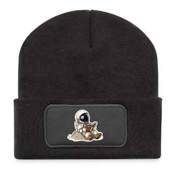 Astronaute confortablement installé sur une planète et en train de lire - Beanie recyclé à patch - charbon - Devant