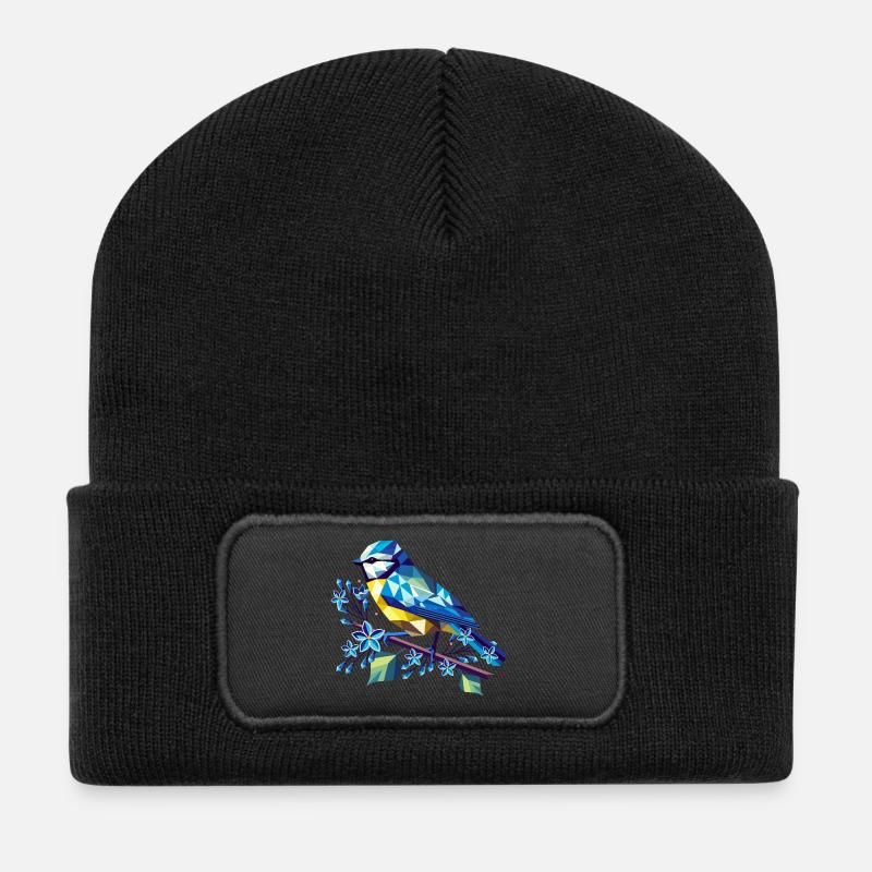 bezaubernde Blaumeise auf einem Fliederzweig - Recycelte Patch Beanie - Schwarz