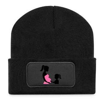 Schwangere mit Tochter Silhouette - Recycelte Patch Beanie - Schwarz - Vorne