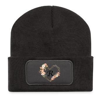Blumiger goldener Herzbuchstabe - Recycelte Patch Beanie - Dunkelgrau - Vorne