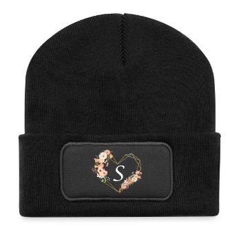 Buchstabe s florales goldenes Herz - Recycelte Patch Beanie - Schwarz - Vorne