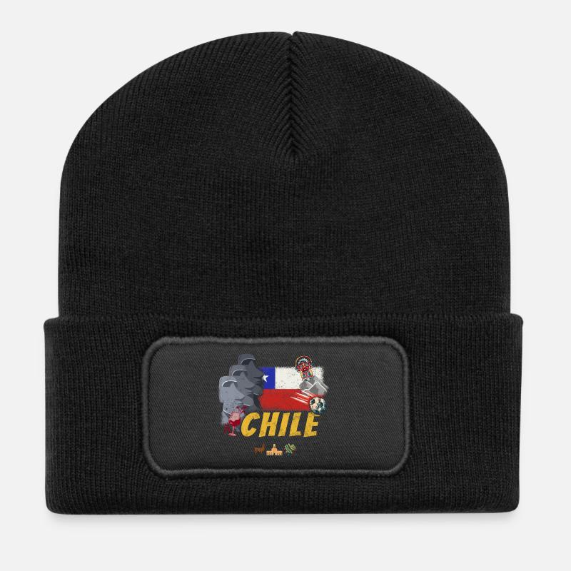 Chile Vintage Osterinsel Statuen mit Fahne Alpaka - Recycelte Patch Beanie - Schwarz