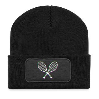 Tennis Glitch effekt racket - Recycelte Patch Beanie - Schwarz - Vorne