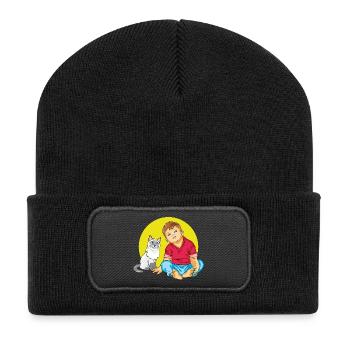 Junge spricht mit einer Siamkatze - Recycelte Patch Beanie - Schwarz - Vorne