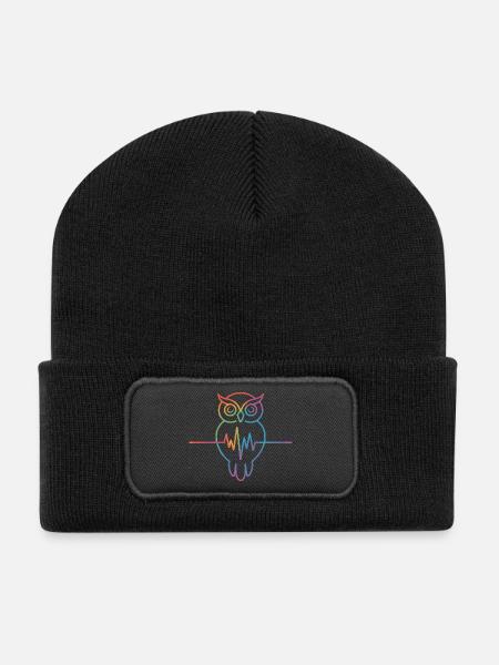 Regenbogen Eule Herzschlag Design - Recycelte Patch Beanie - Schwarz