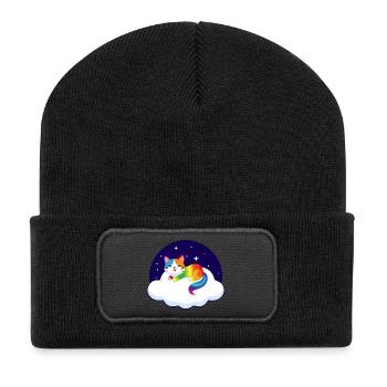 Kunterbunte Katze schwebt auf Wolke (Nacht) - Recycelte Patch Beanie - Schwarz - Vorne