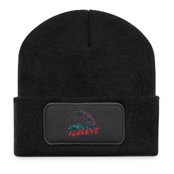 Bunte Illustration eines Algarve-Chamäleons - Recycelte Patch Beanie - Schwarz - Vorne