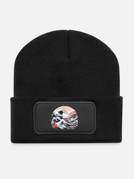 Große Welle von Kanagawa - Recycelte Patch Beanie - Schwarz