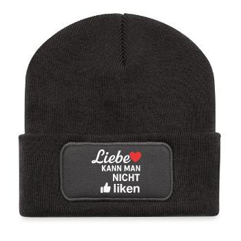 Liebe kann man nicht liken Spruch Design - Recycelte Patch Beanie - Dunkelgrau - Vorne