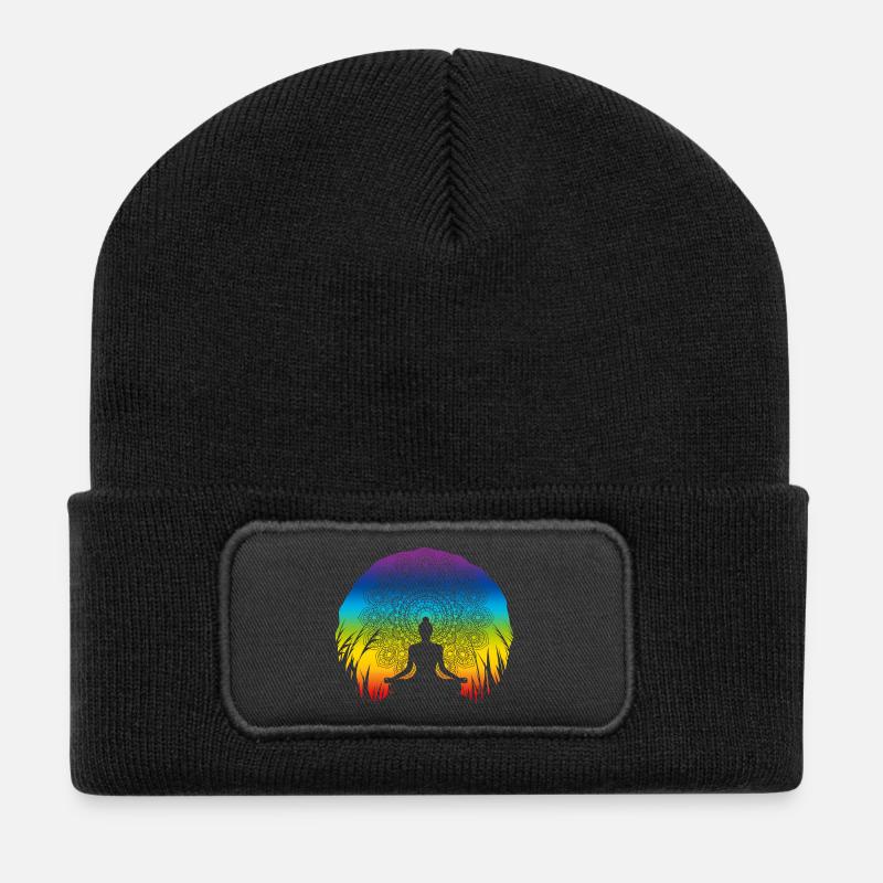Conception spirituelle du mandala yoga dans les couleurs des chakras - Beanie recyclé à patch - noir