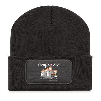 Lake Geneva, hand drawing of Chillon Castle, Switzerland - Recycled Patch Beanie - dark grey - Front