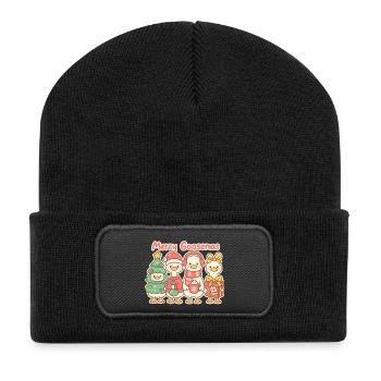 Fröhliches Gänsemas-Trio, Entenlins - Recycelte Patch Beanie - Schwarz - Vorne