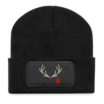 Geweih mit roter Weihnachtskugel – Yule Stil - Recycelte Patch Beanie - Schwarz - Vorne