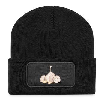 Knoblauchzeichnung mit Knollen und feinen Zehen - Recycelte Patch Beanie - Schwarz - Vorne