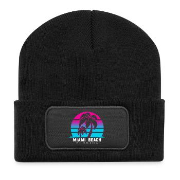 Miami Beach Palmen Sonnenuntergang Retro - Recycelte Patch Beanie - Schwarz - Vorne