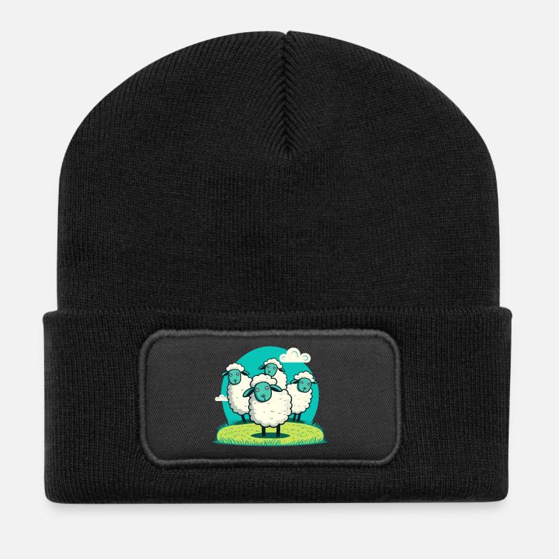 Rond d’agneau de dessin animé sur herbe - Beanie recyclé à patch - noir