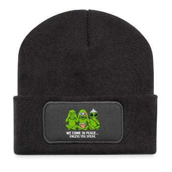 Alien Humor Shirt – We Come in Peace - Recycelte Patch Beanie - Dunkelgrau - Vorne